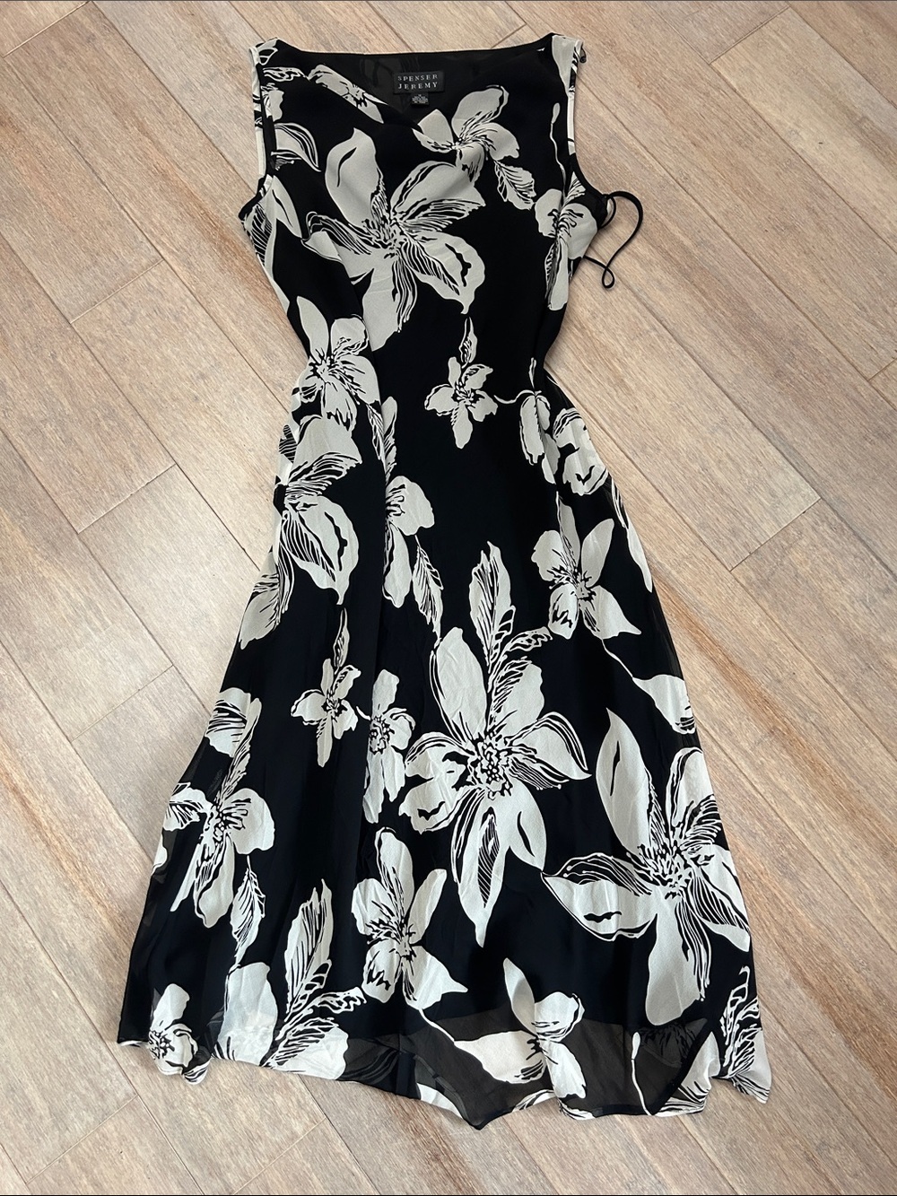 VTG Spenser Jeremy Silk Black & White Floral Sleeveless Midi Dress cowl neck 12